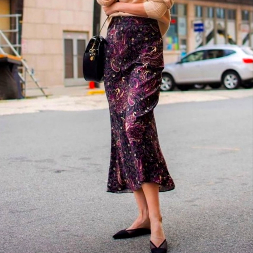 & Other Stories Flowy Paisley Satin Midi Skirt